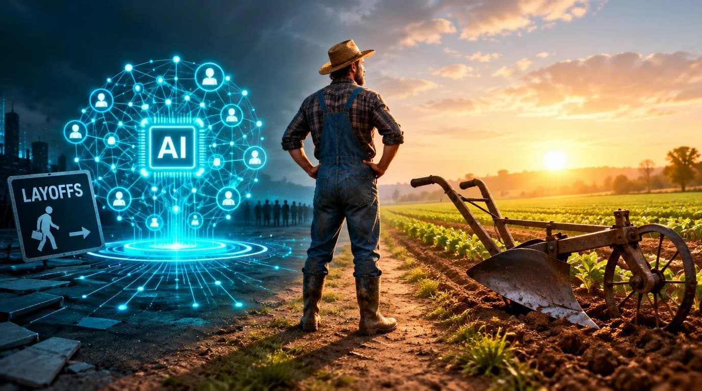 A farmer standing between a plough and a glowing AI network, representing the AI layoff trap and a possible return to farming