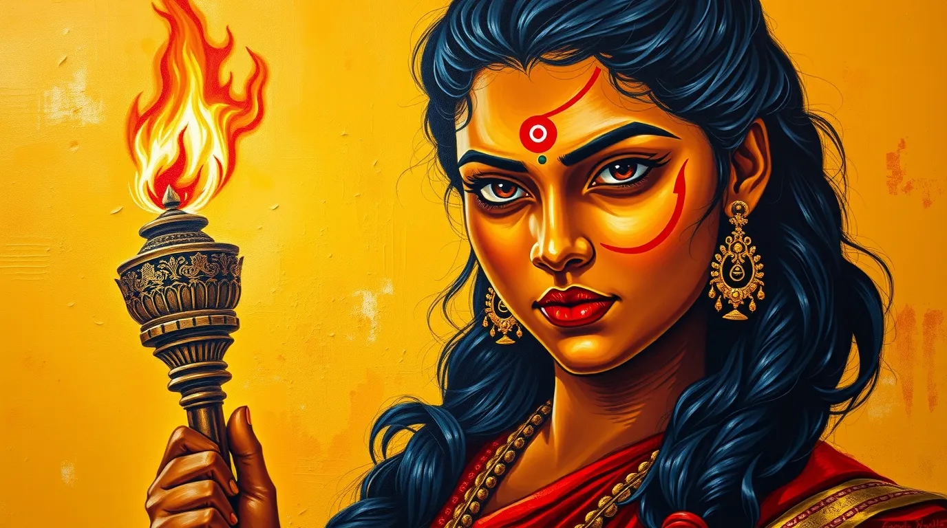 Heroic illustration of Veeramangai Kuyili, the legendary freedom fighter of Tamil Nadu